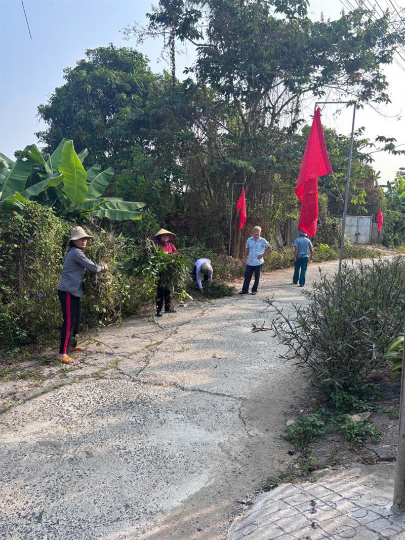 Người dân xã Đạ Huoai dọn vệ sinh môi trường, treo cờ chào mừng ngày lễ lớn của đất nước